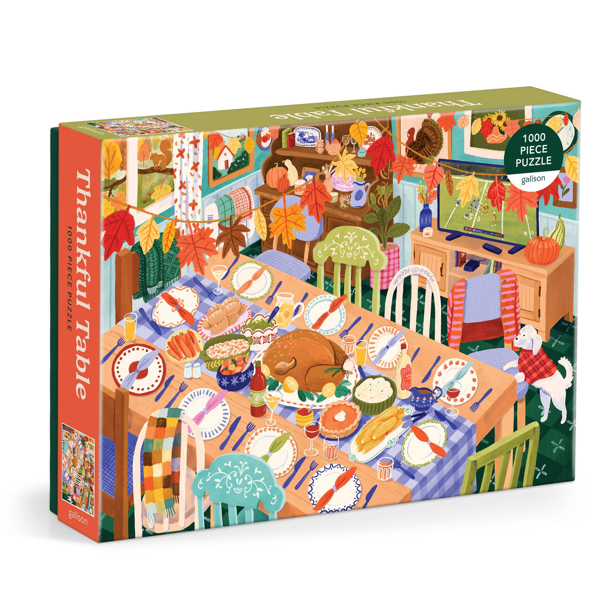 1000-piece jigsaw puzzle box front with Thanksgiving table illustration