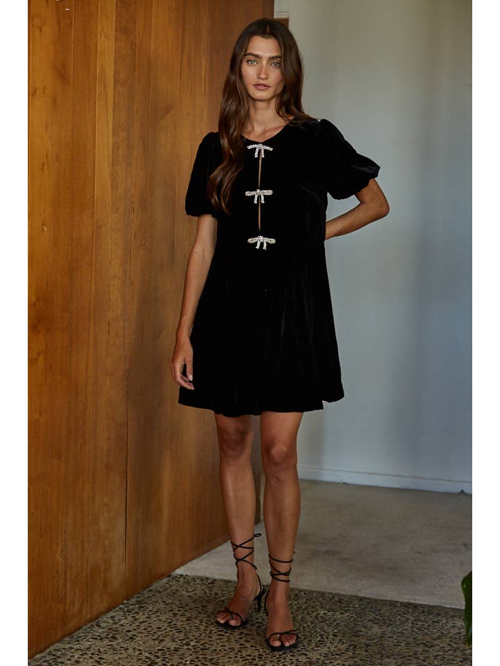 Velvet Sparkle Bow Mini Dress