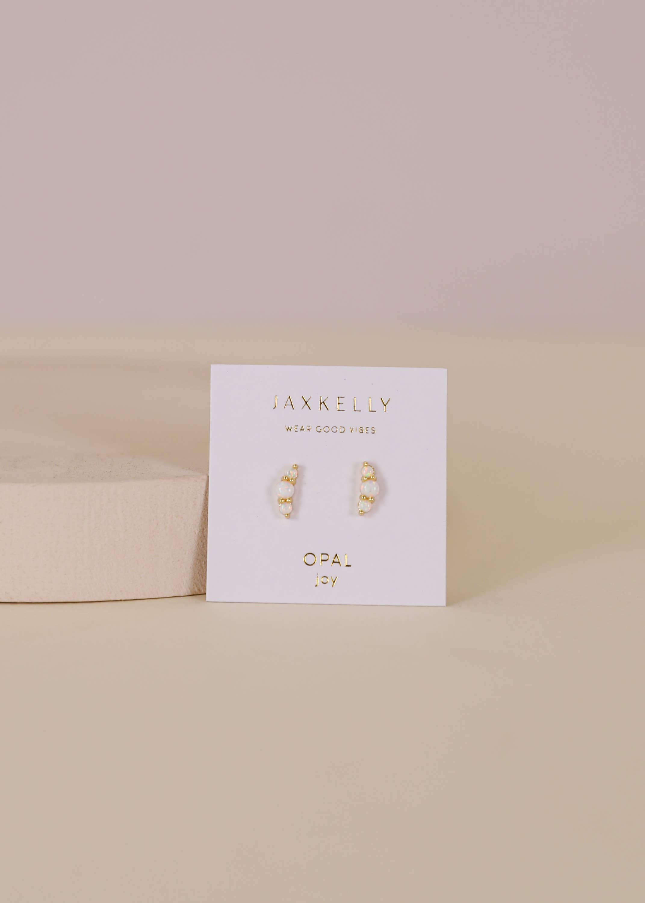 White Opal Crescent Gold Earrings