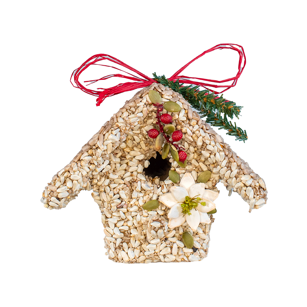 Hanging seed birdhouse ornament with seed-textured body, red ribbon, evergreen, and white flower