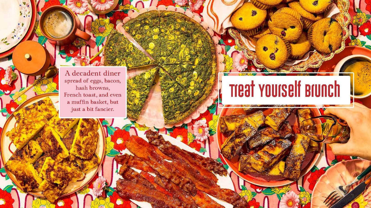Brunch recipe spread featuring roasts, pizza, pastries, and a “treat yourself brunch” label.
