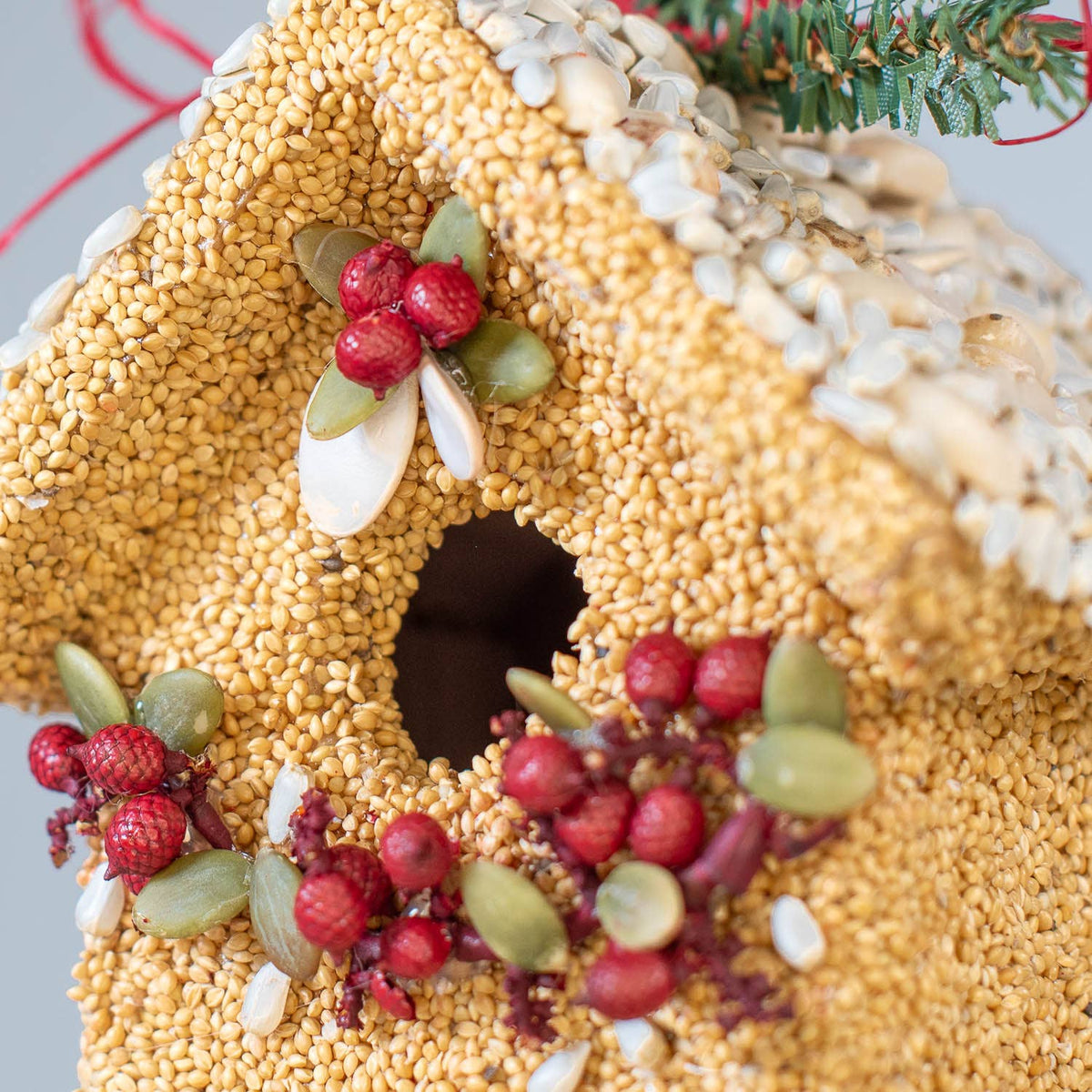 Seed birdie cottage opening decorated with white flowers, red berries, and green leaves