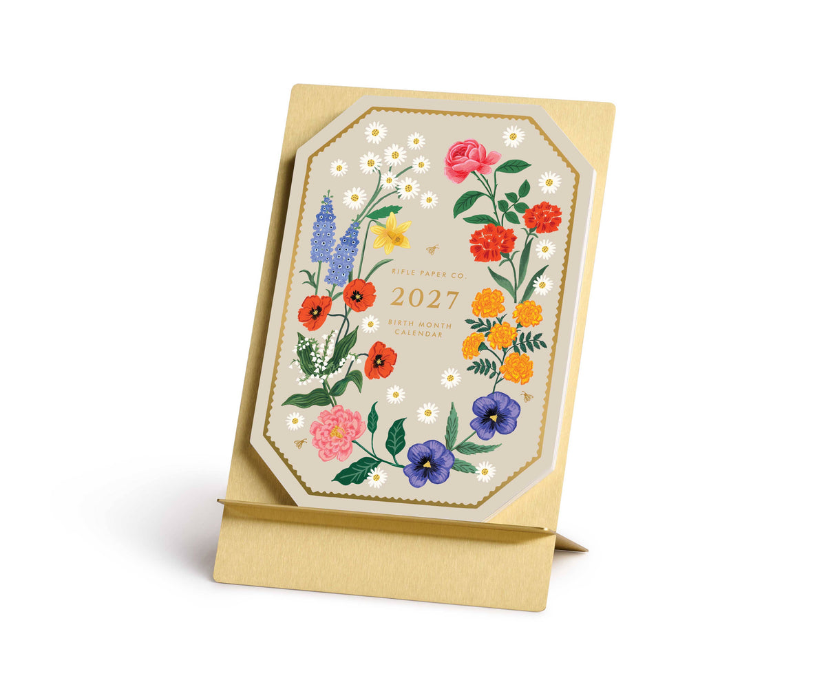 2027 birth month desk calendar refill with floral month page insert in beige frame