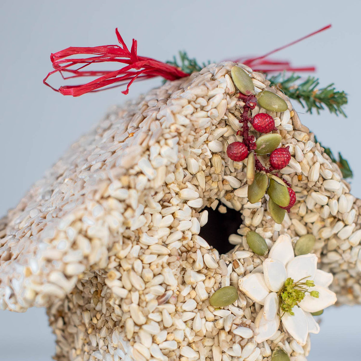 Seed birdie cottage ornament with red berries, green leaves, white flowers, and red hanger ribbon