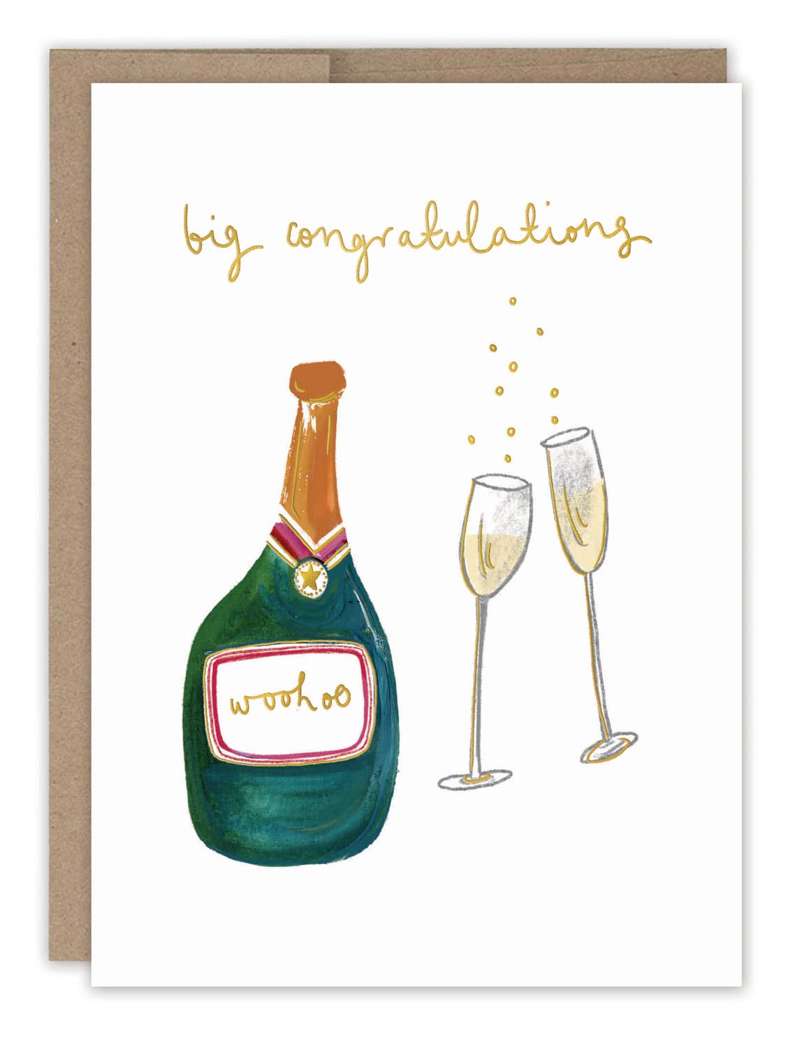 Greeting card with champagne bottle, two glasses, and 'big congratulations' text