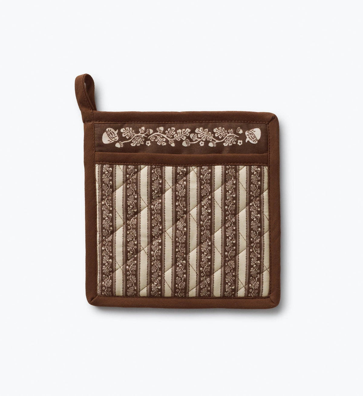 Brown pot holder with acorn pattern border and vertical striped fabric, hanging loop