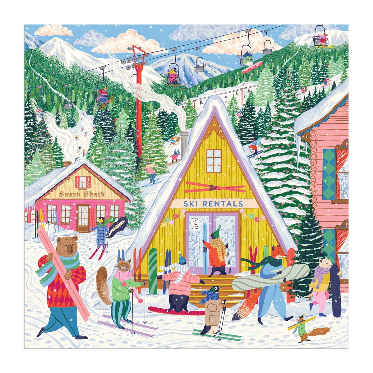 Ski village 500-piece jigsaw puzzle box showing skier characters near ski rentals hut