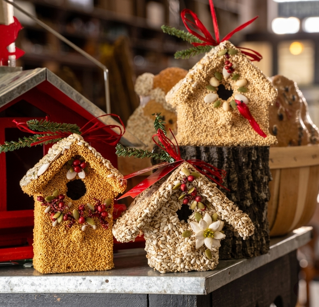 Seed birdie cottage ornament with red ribbon, red berries, green leaves, and white accents