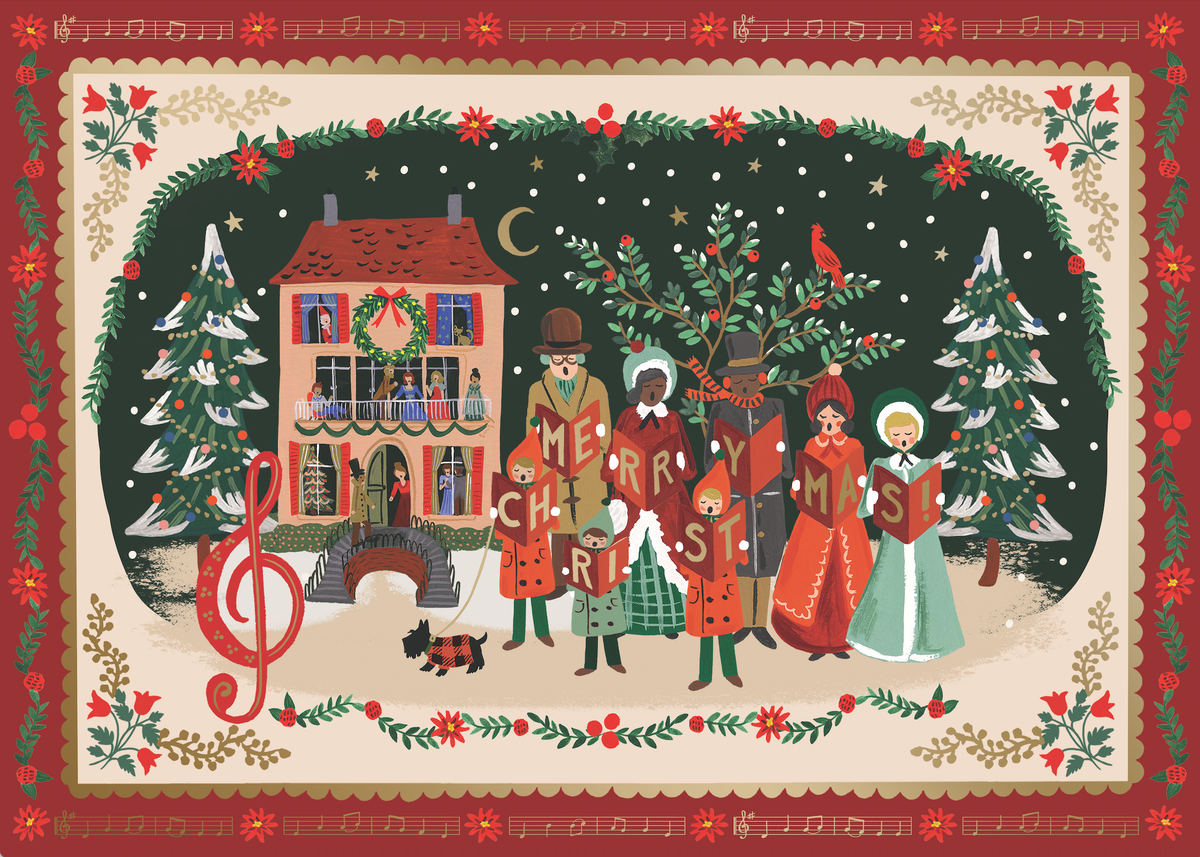 Christmas carols jigsaw puzzle artwork with nutcracker family, trees, and music-note border