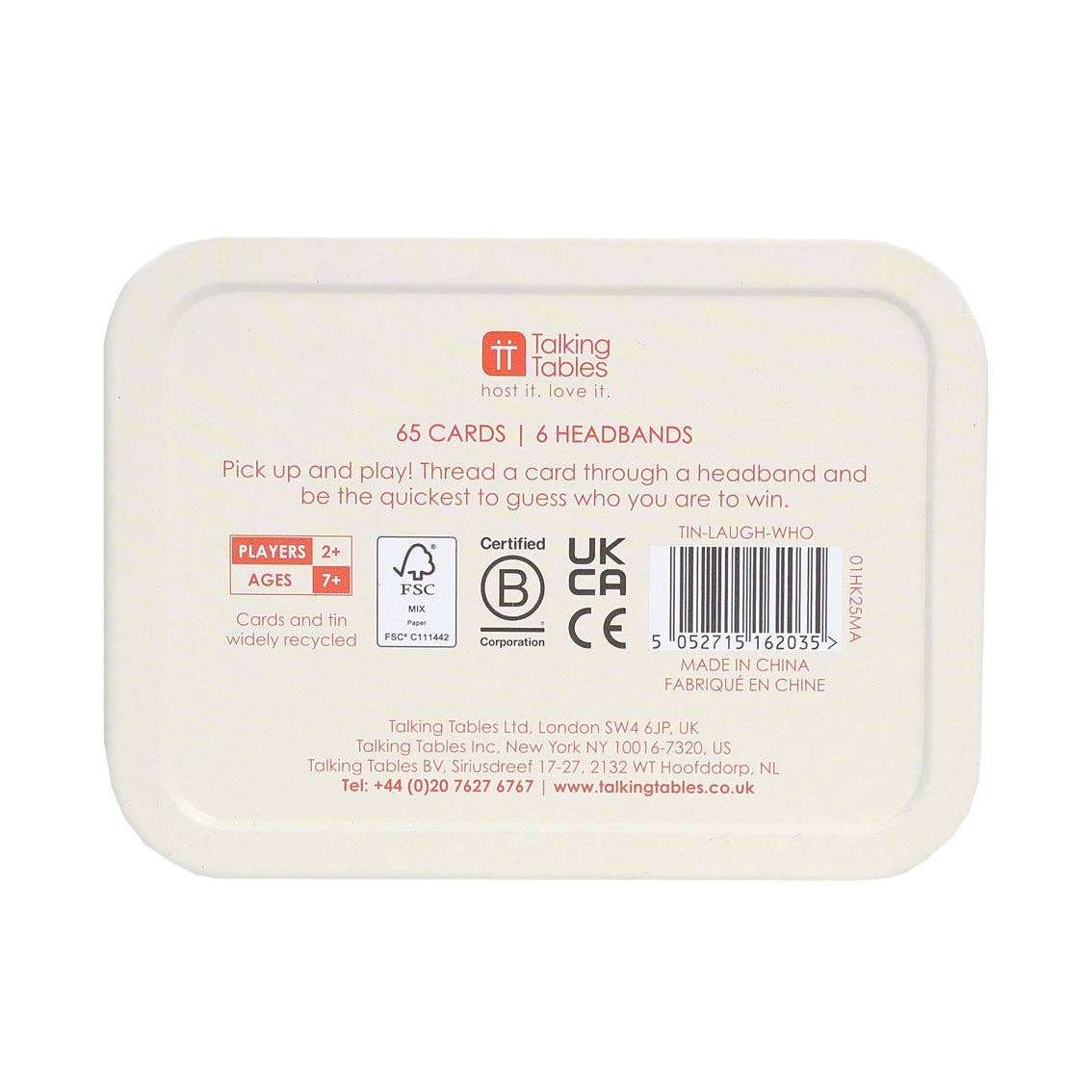 White tin back label showing 65 cards and 6 headbands
