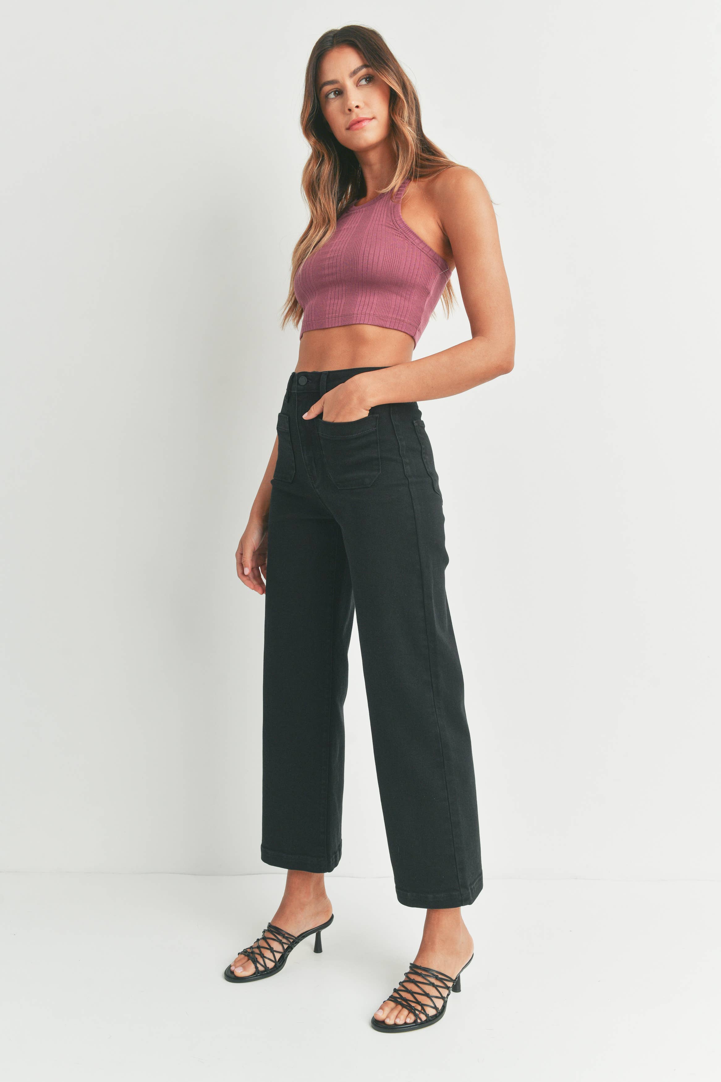 Patch Pocket Wide Leg Denim - Black