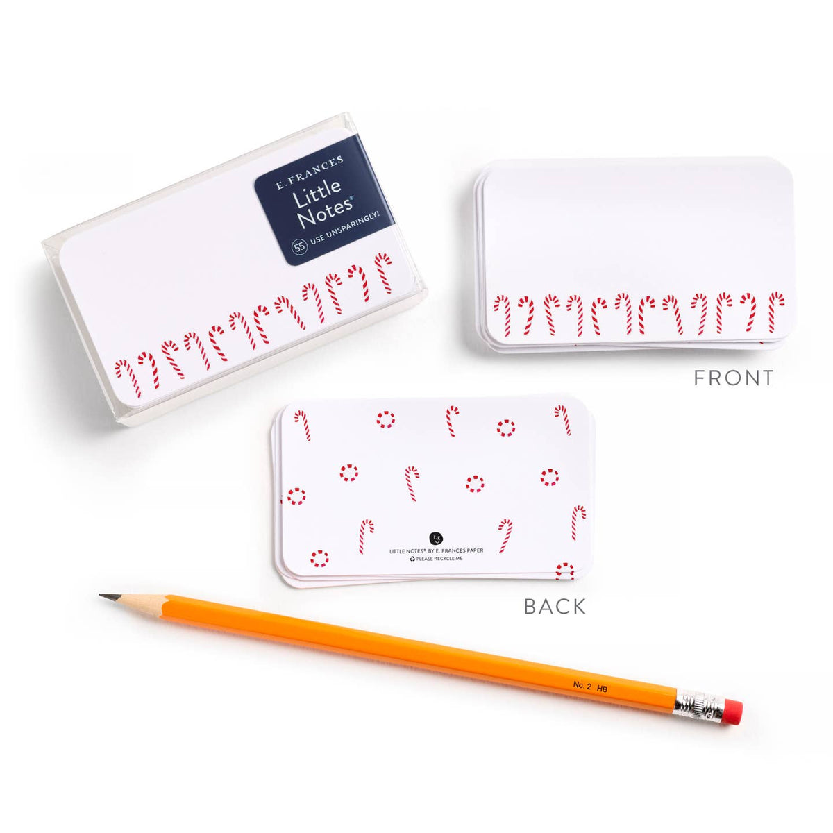 Candy cane note cards set showing front and back designs with red icons