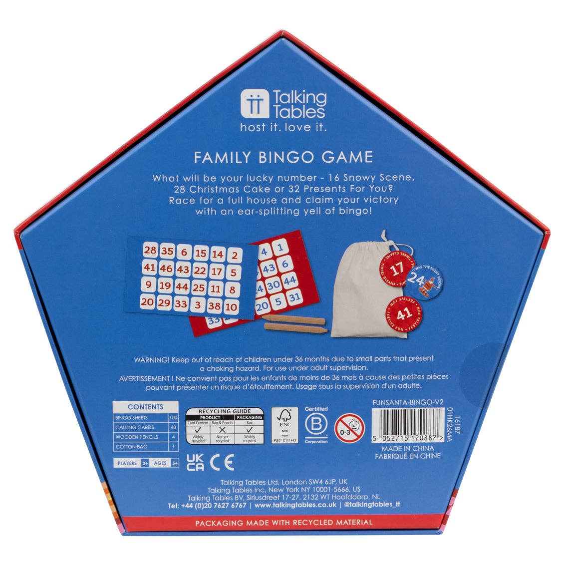Back of Family Bingo game box with rules, contents list, and barcode area