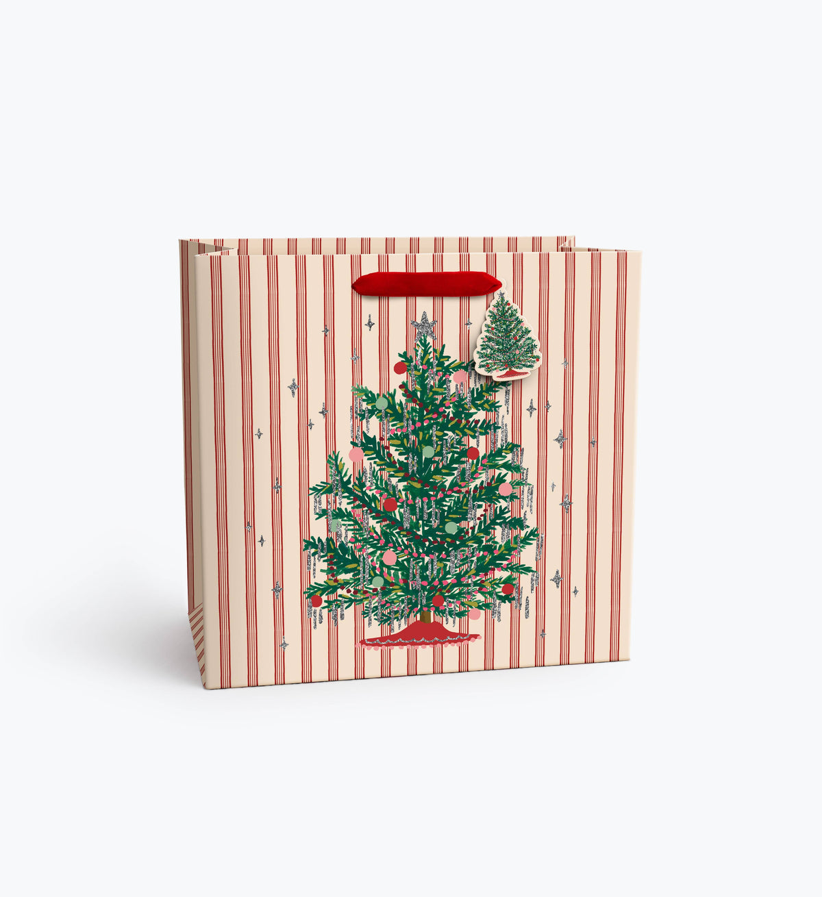 Tinsel tree gift bag with red handle; front shows full Christmas tree illustration