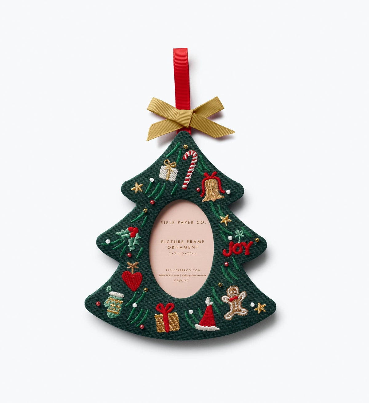 Green embroidered Christmas tree ornament with picture-frame insert and red-gold ribbon bow