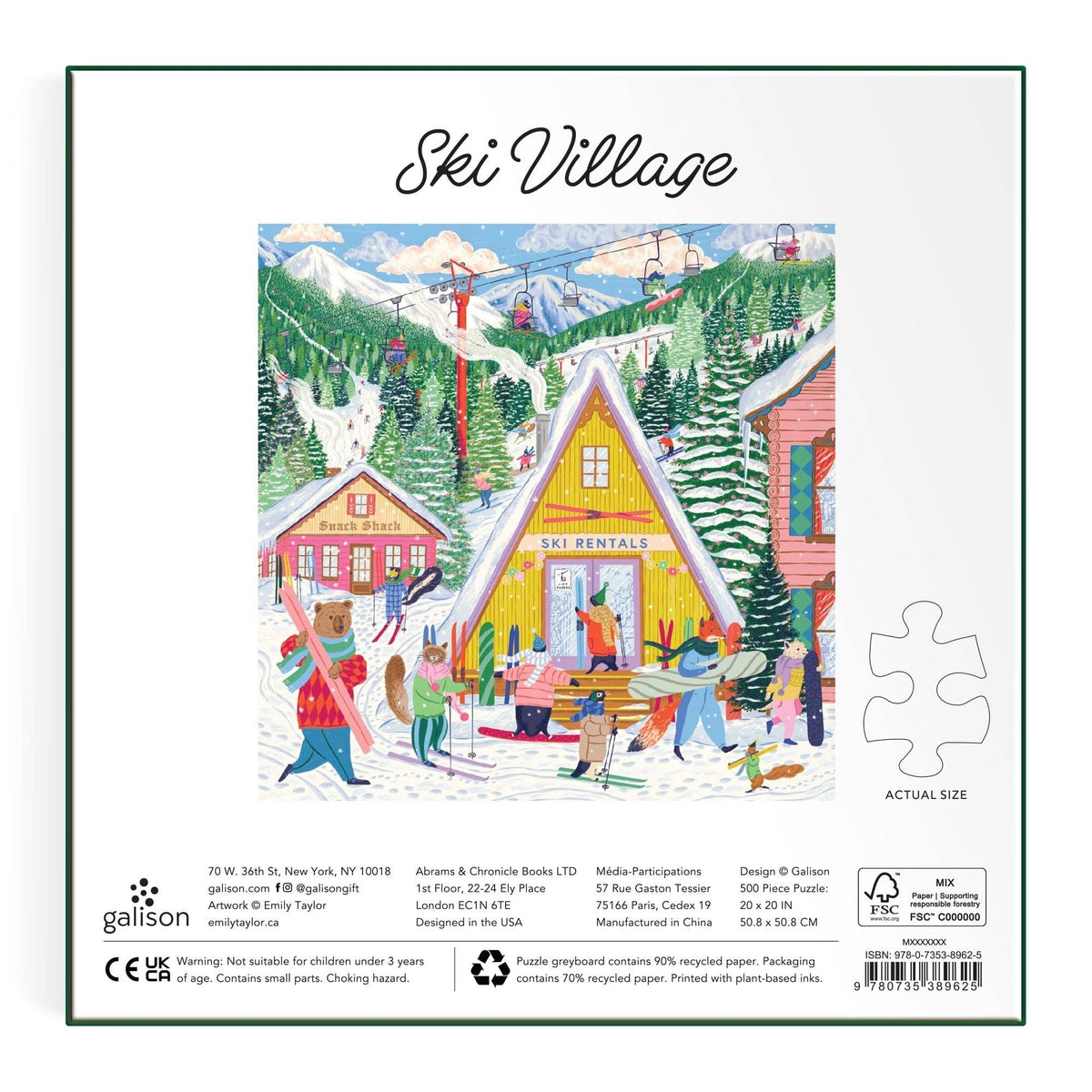 Ski Village 500-piece jigsaw puzzle back panel with product details and puzzle image