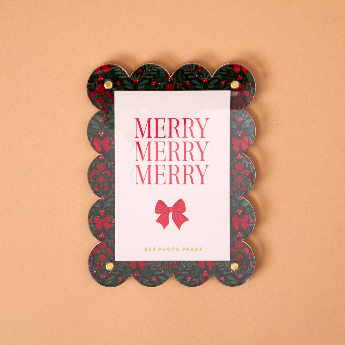 Mini acrylic picture frame magnet with dark scalloped border, 'MERRY' text and bow