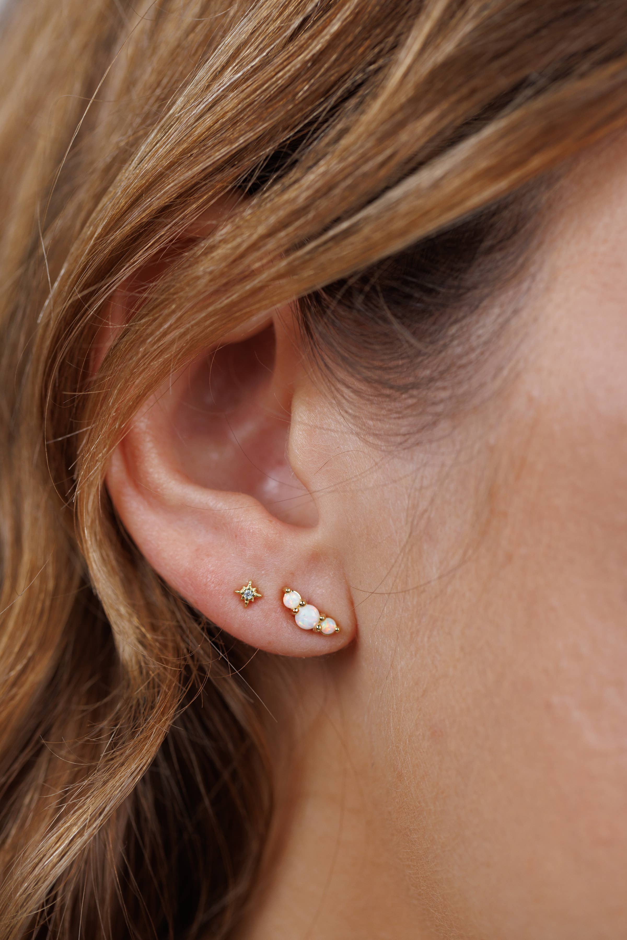 White Opal Crescent Gold Earrings