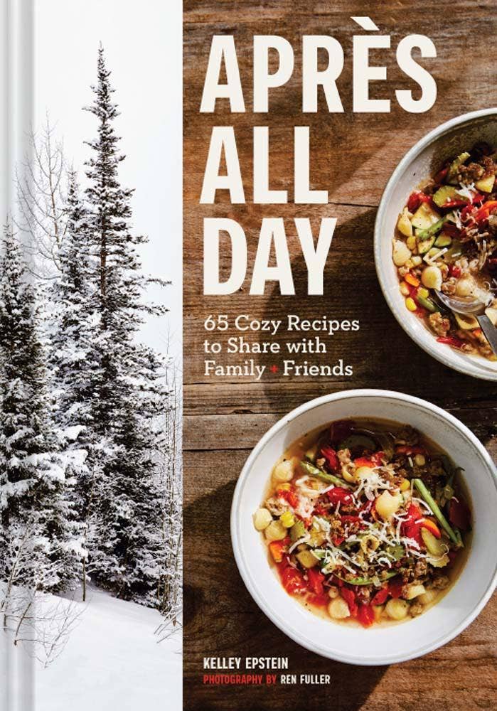 Cookbook cover for Après All Day with soup bowls and snowy trees