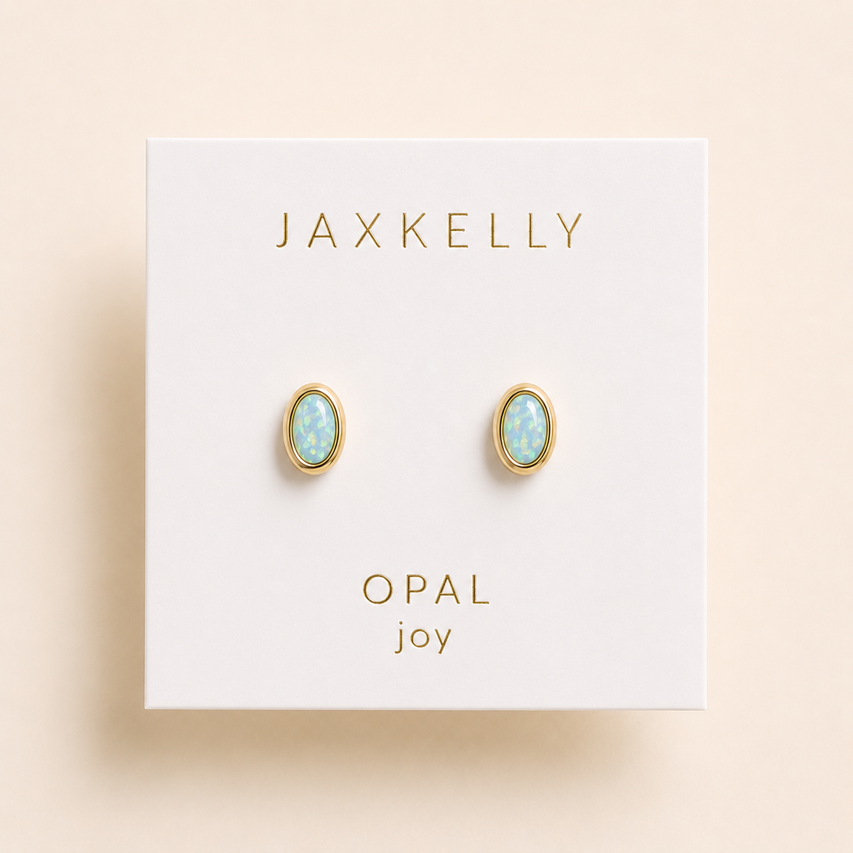 Oval bezel opal stud earrings in gold-tone with turquoise center