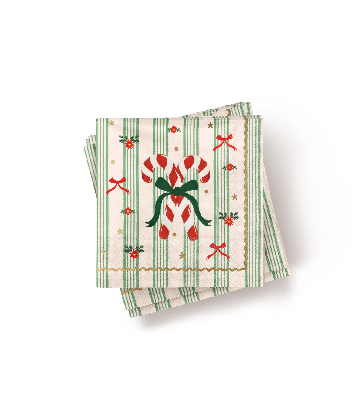 Green striped paper cocktail napkins with red holly and candy-cane motifs