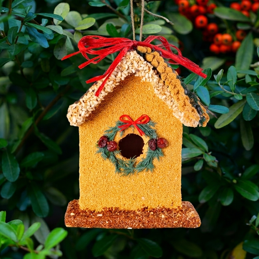 Yellow birdhouse ornament with wreath window and red ribbon bow