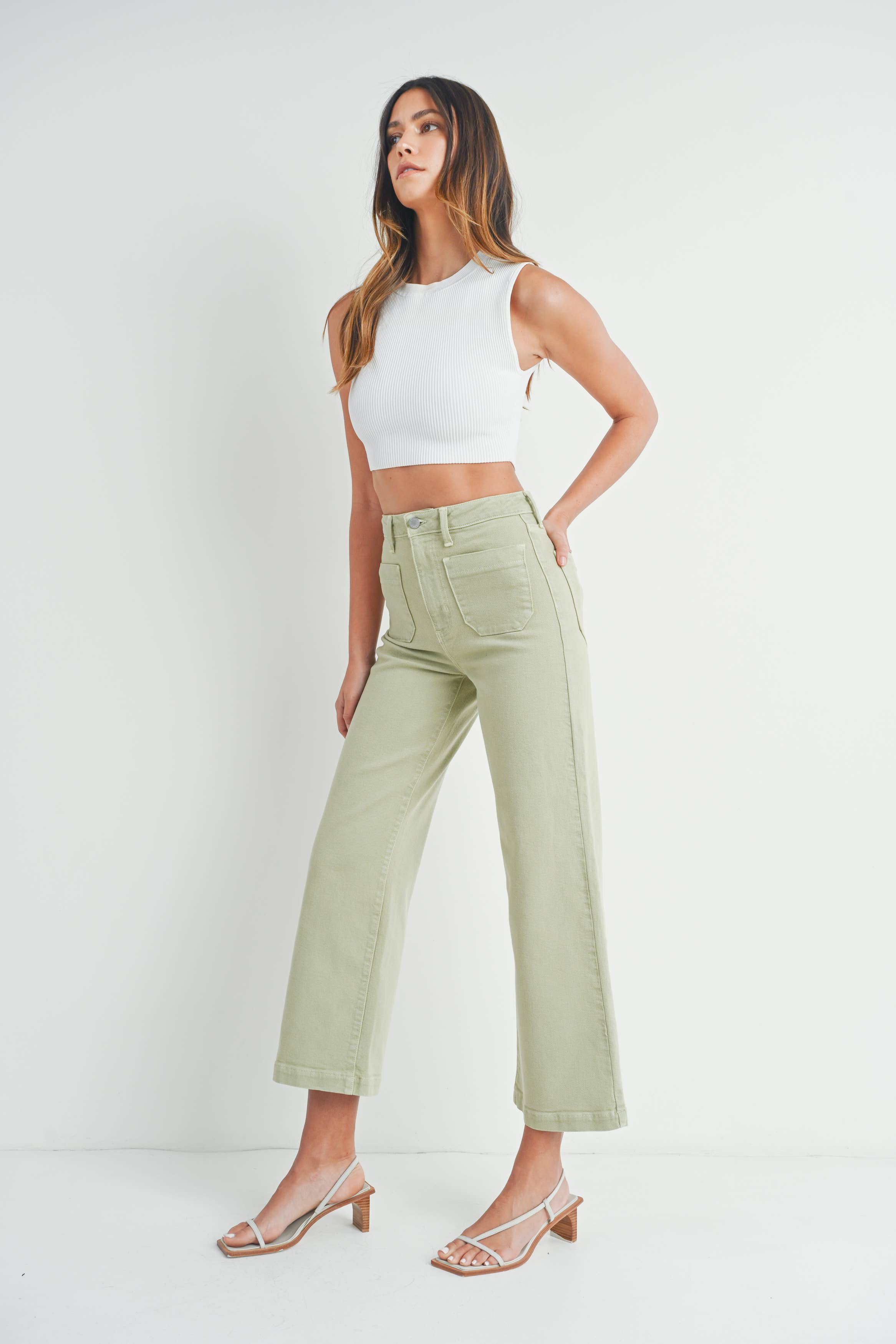 Patch Pocket Wide Leg Denim - Light Sage **FINAL SALE**