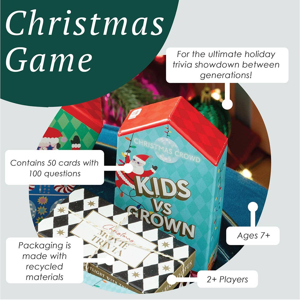 Christmas game box front with Kids vs Grown-Ups card and question icons