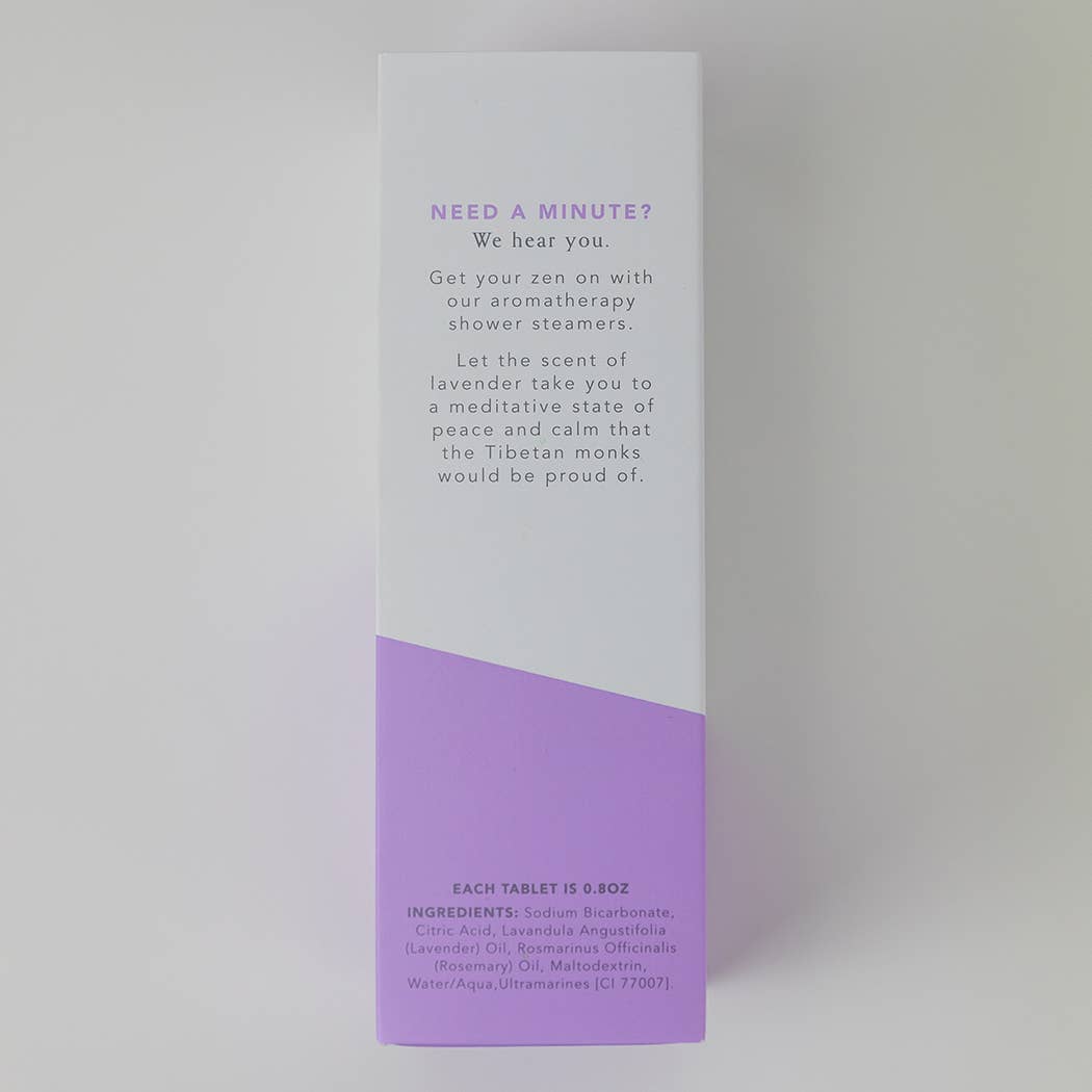 Lavender-rosemary shower steamer set box back panel with text and ingredient details