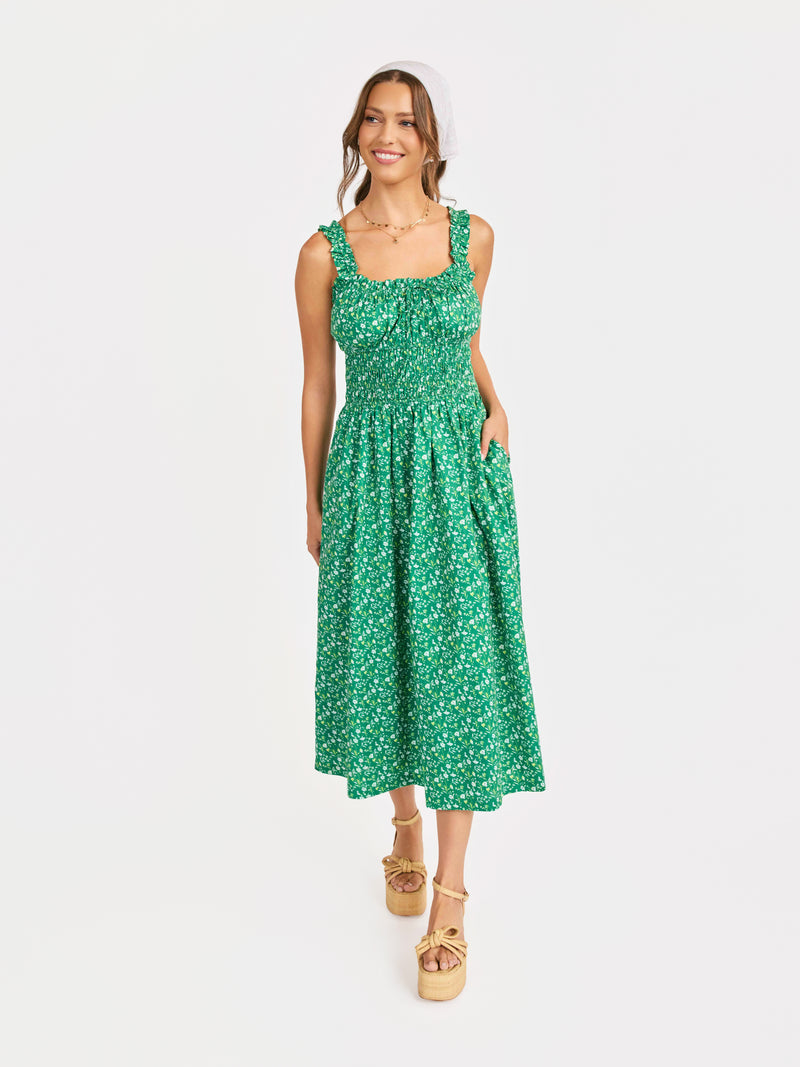 Sun Escape Shirred Waist Midi Dress