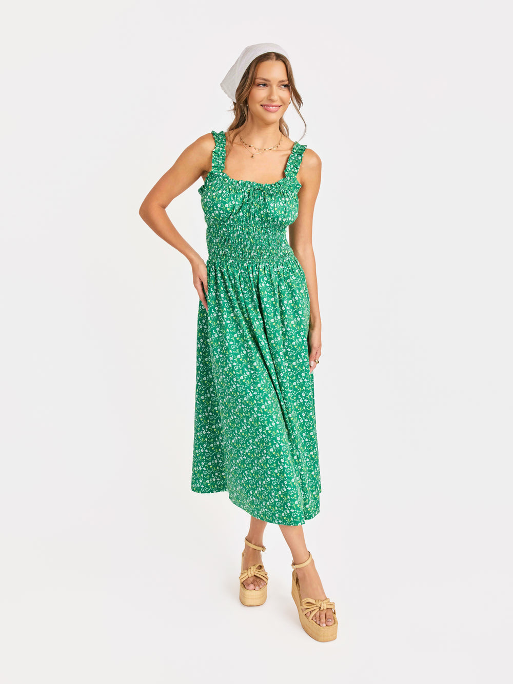 Sun Escape Shirred Waist Midi Dress