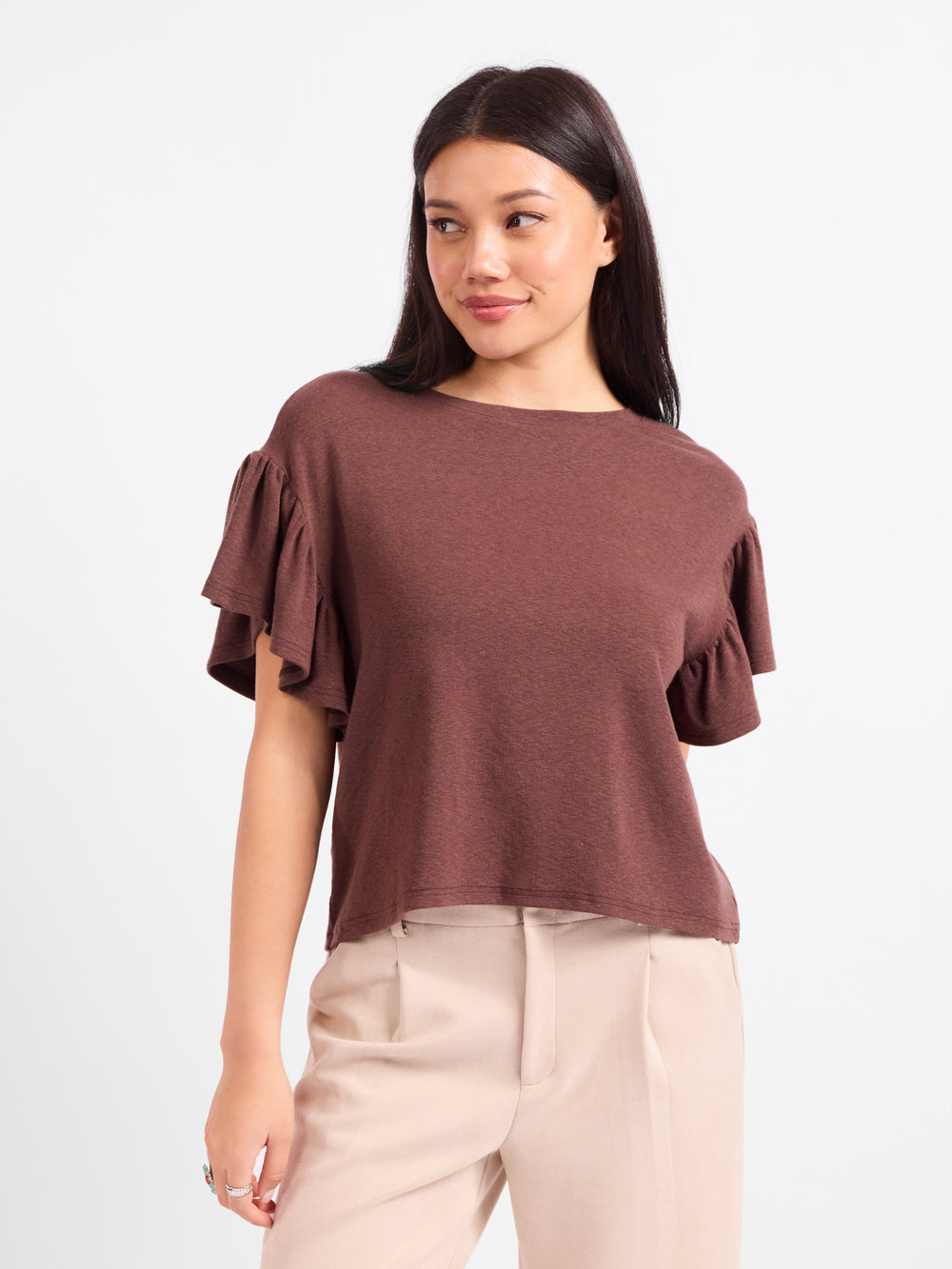 Dark brown ruffle-sleeve top with short dolman sleeves and crew neckline