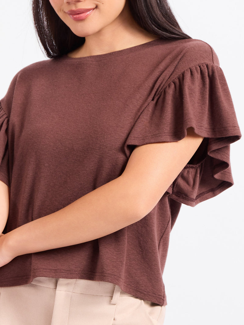 Dark brown ruffle sleeve detail on a short-sleeve crew top