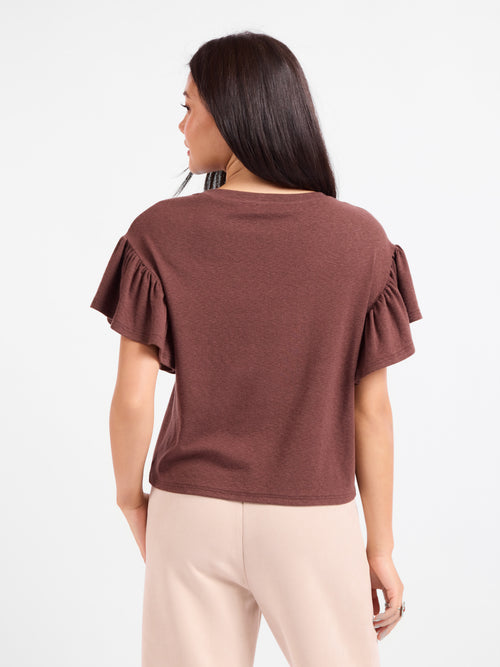Dark brown ruffle-sleeve crew top with gathered back sleeves