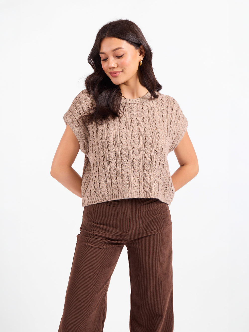 Knit sweater tank in heathered beige with short sleeves and cable-knit texture