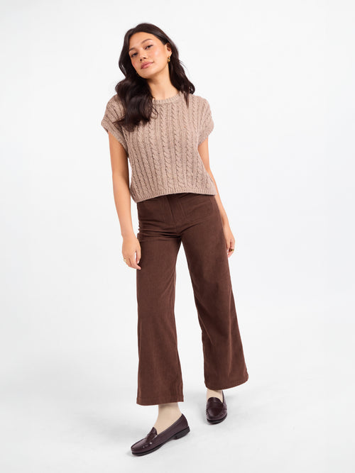 Knit sweater tank in heathered beige with crew neck and cropped hem