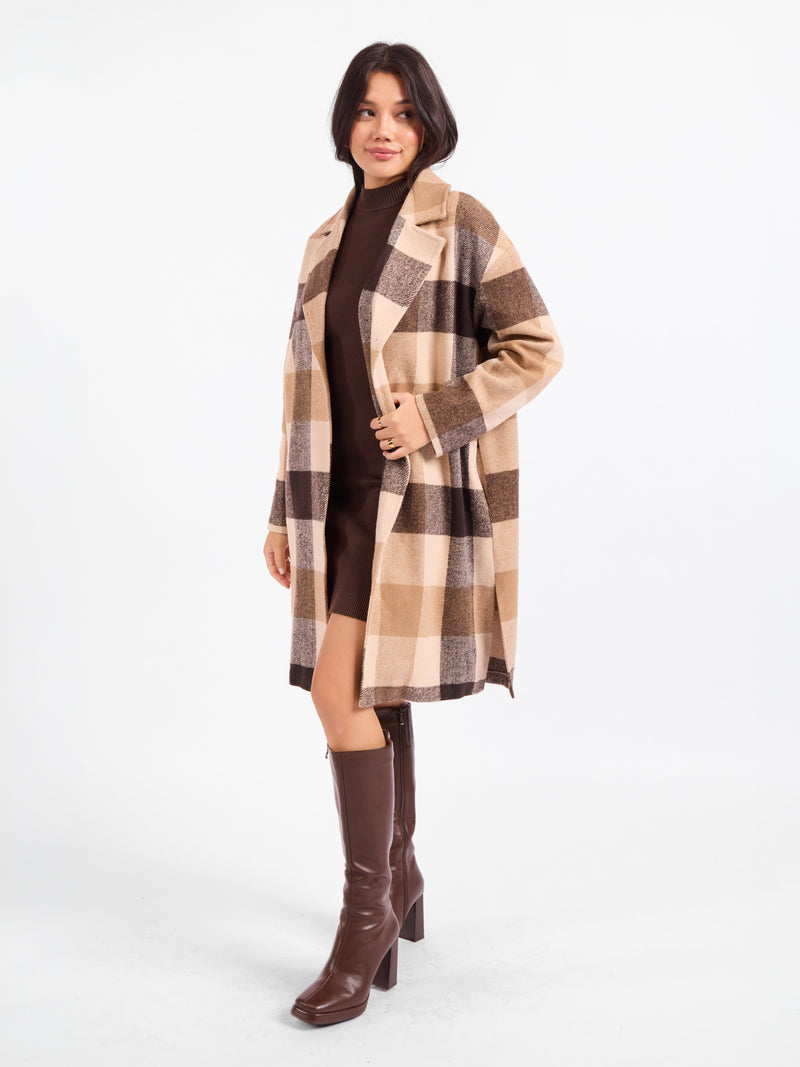 Plaid open-front long coat with notched collar, tan, cream, and dark brown checks