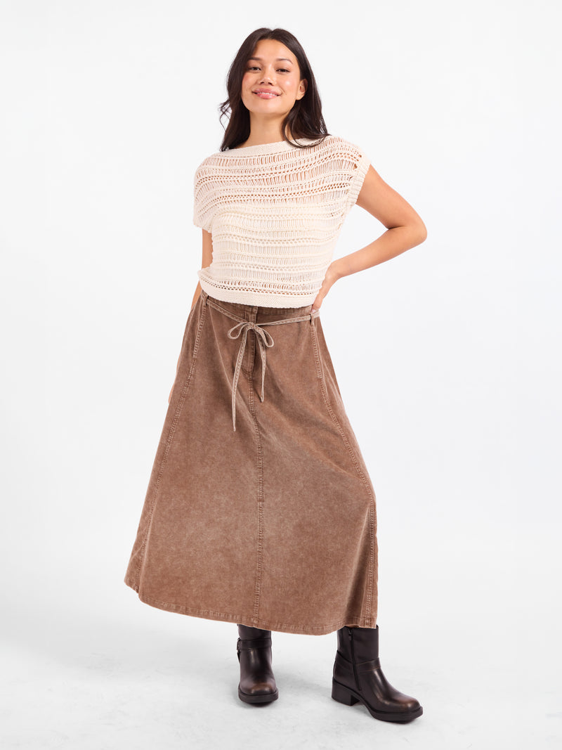 Brown A-line belted midi skirt with bow-tied drawstring waist