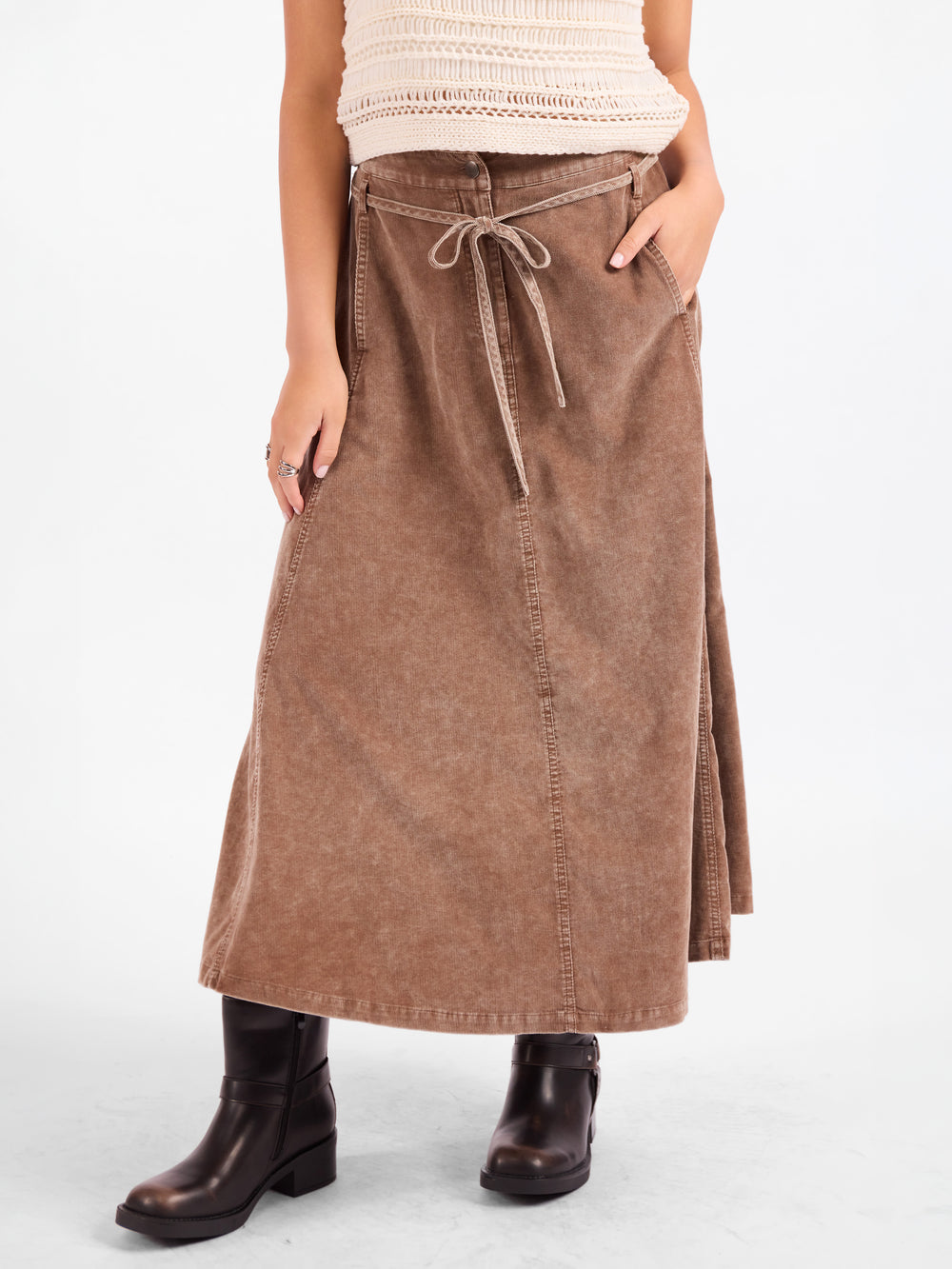 Brown belted midi skirt with drawstring tie and front patch pockets