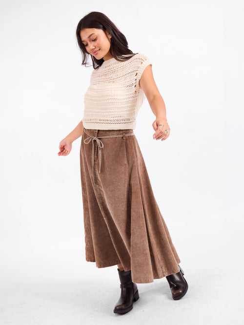 Brown belted midi skirt, A-line flare with tied drawstring waist