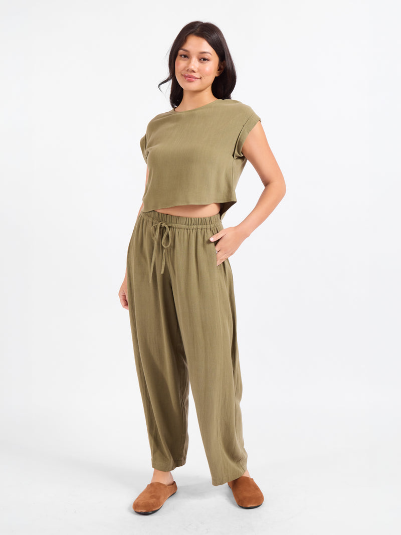 Olive green linen-look wide-leg pants with drawstring waist