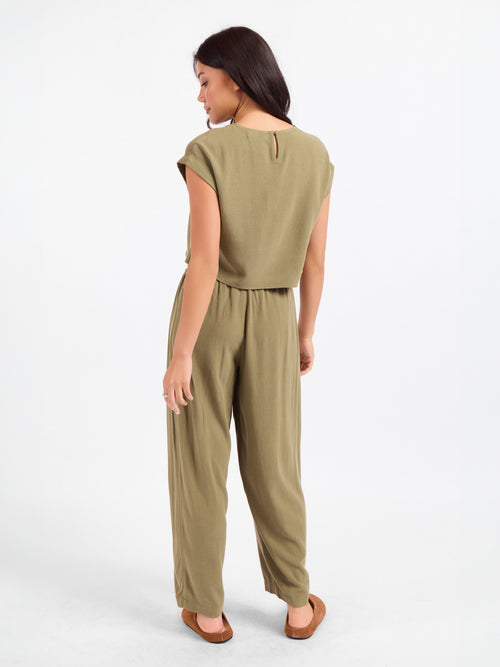 Olive green wide-leg pants with back yoke and elastic waistband