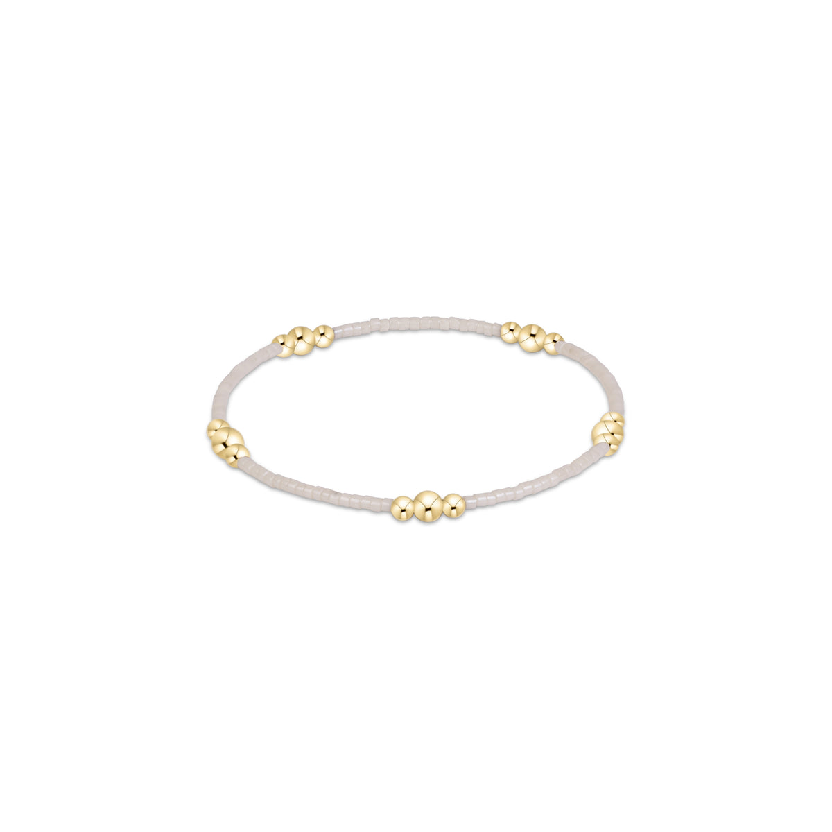 Gold beaded friendship bracelet with light gray cord and small bead clusters