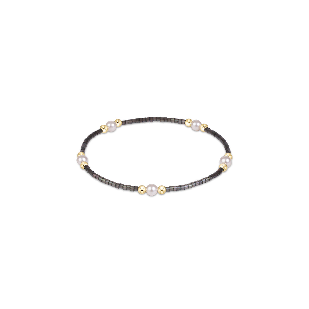 Dark gray beaded bracelet with white pearls and gold-tone spacers