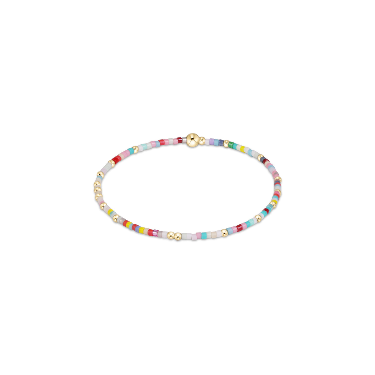 Colorful beaded bracelet with gold-tone spacers and small clasp beads