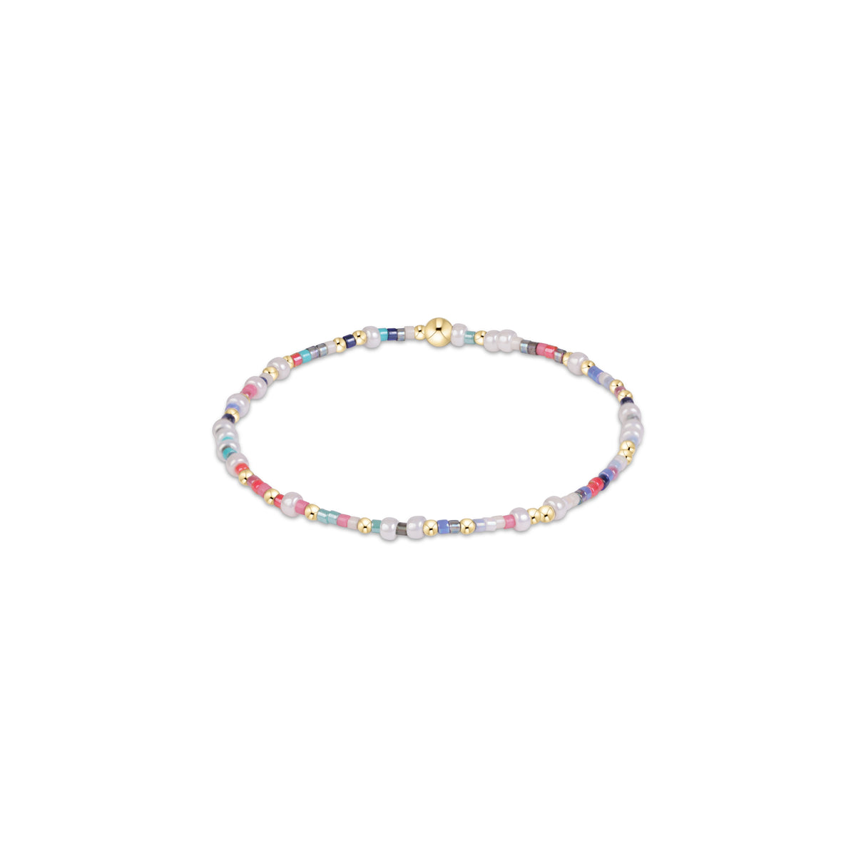 Multicolor beaded bracelet with gold-tone centerpiece and bead spacers.