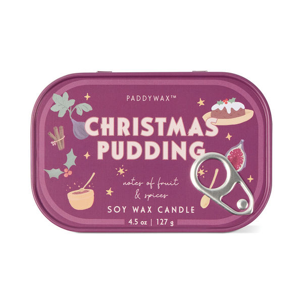 Purple Christmas pudding printed candle tin with pull-ring opener and label.