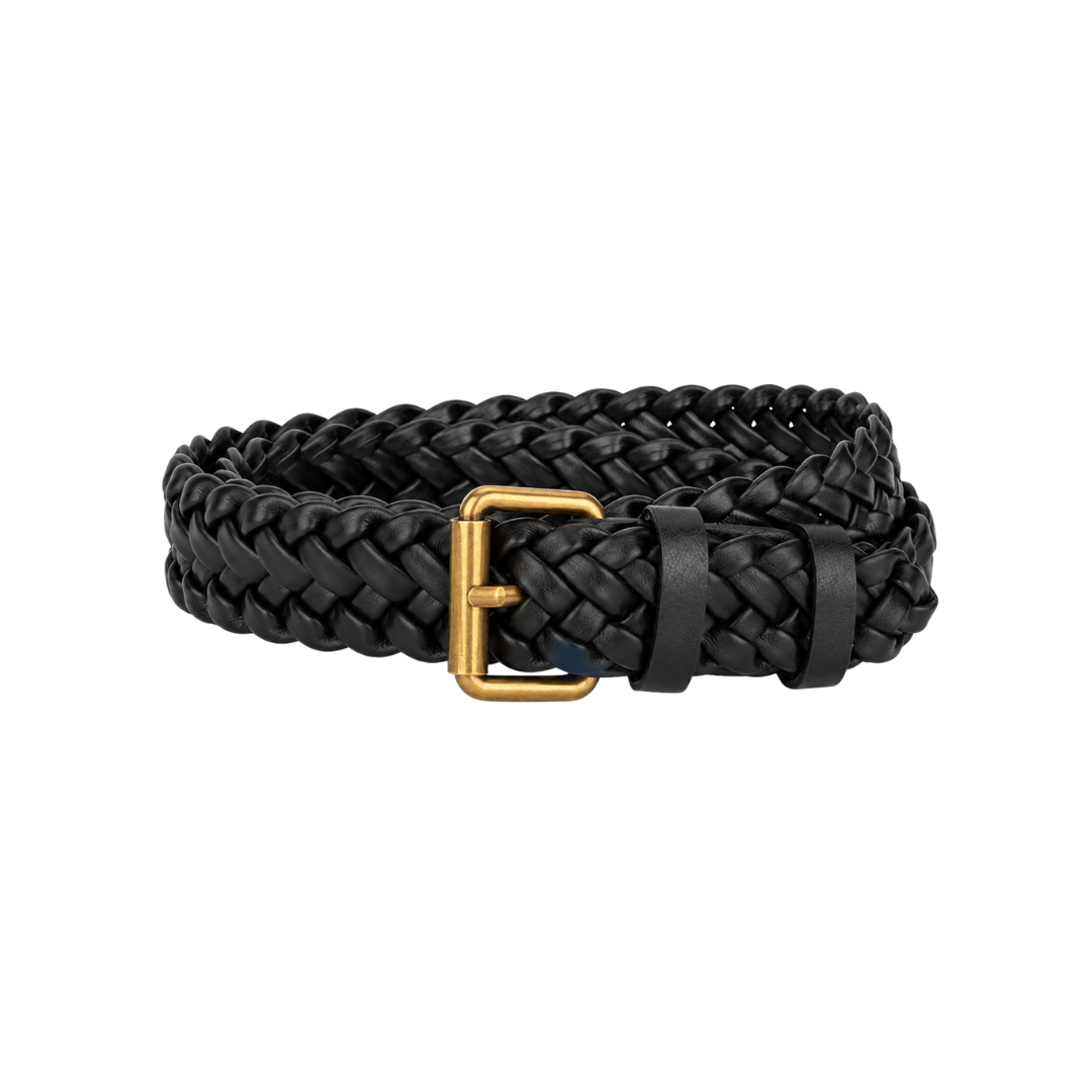 Braided belt in black with woven pattern and gold-tone rectangular buckle