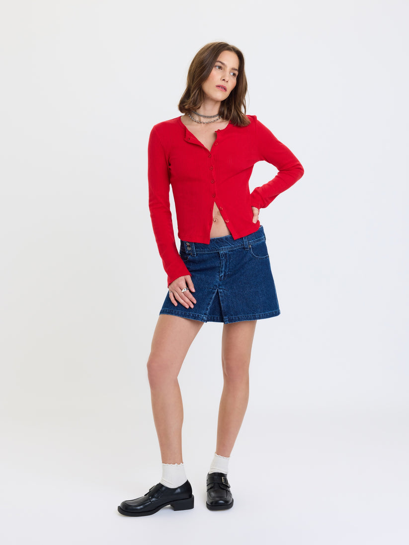 Stargazer pointelle cardigan in bright red, button-front V-neck and long sleeves