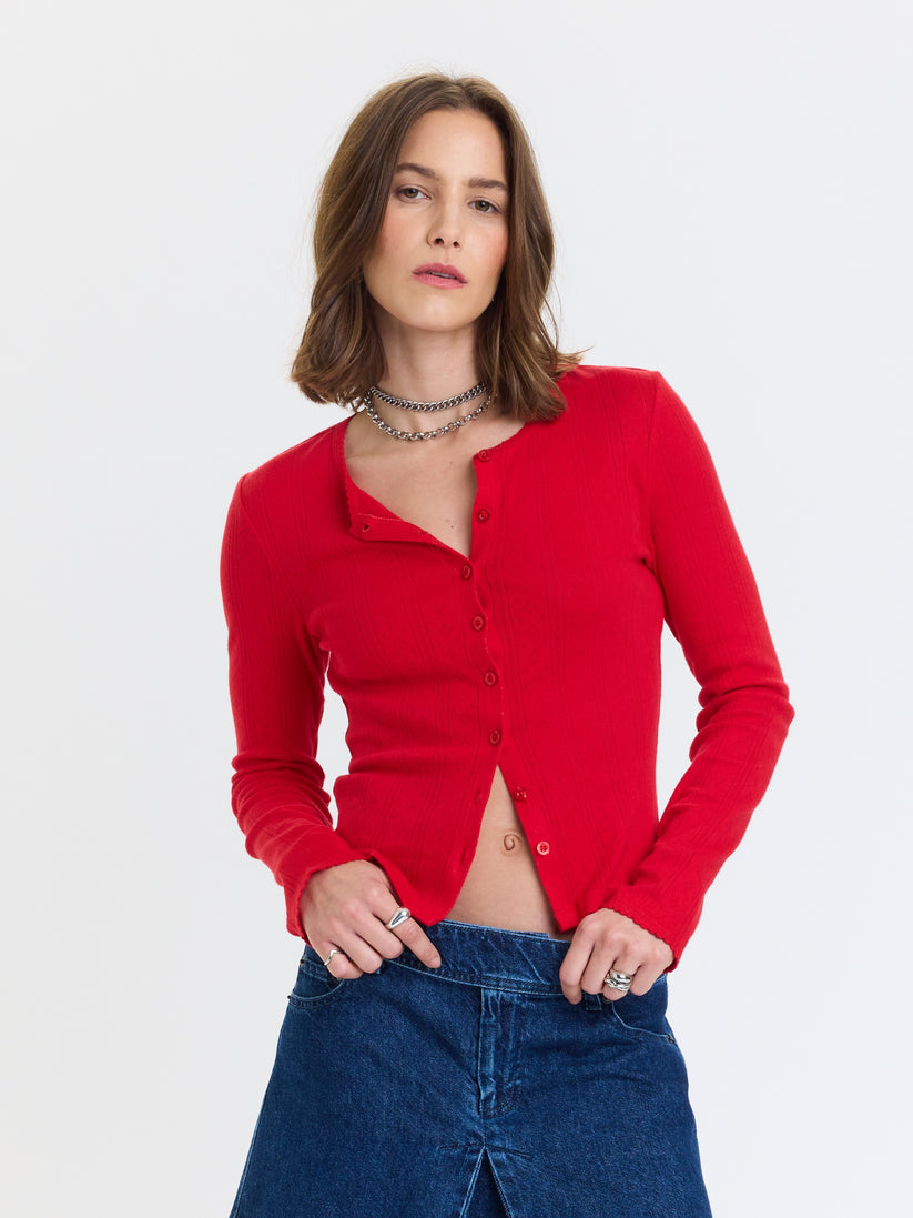 Stargazer pointelle cardigan in bright red, button-front V-neck with long sleeves